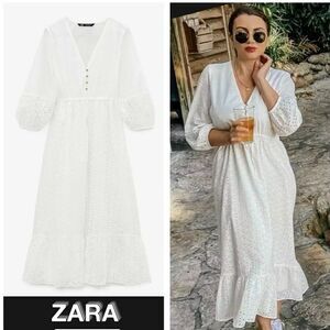 ZARA CUTWORK EMBROIDERY WHITE V-NECK MIDI DRESS